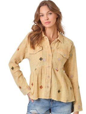 296. Peplum Button-Front Lightweight Top in Mustard Yellow